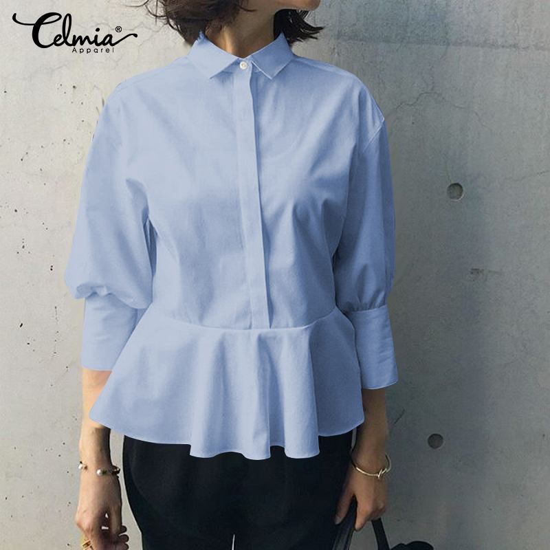 

2019 Celmia Fashion 3/4 Sleeve Blouses Casual Lapel Loose Solid Peplum Tops Ladies Elegant Ruffles Shirts Plus Size Blusas Mujer, Black