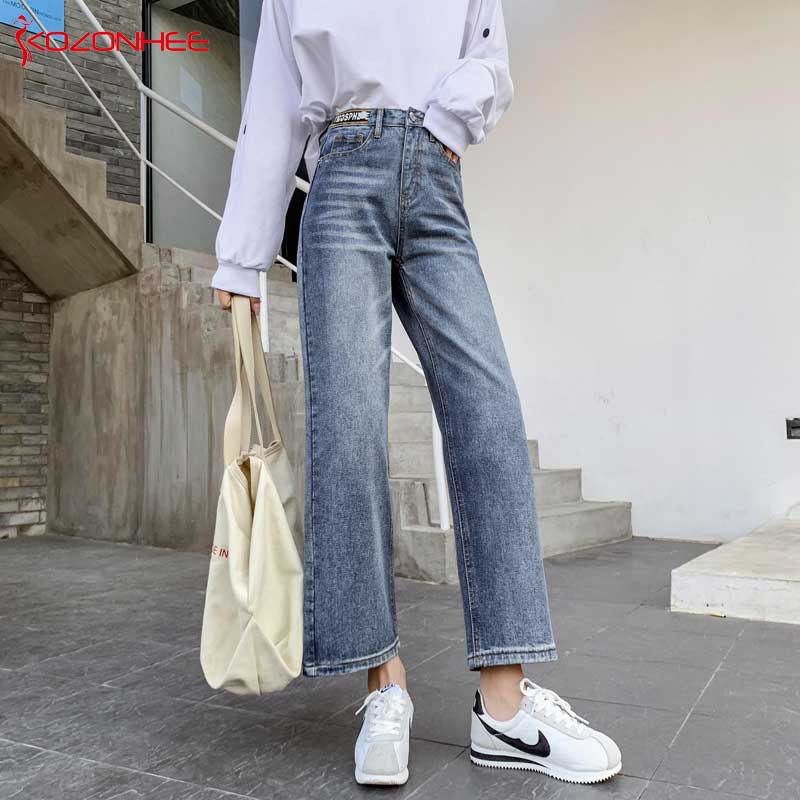 

Plus Size New Inelastic Wide Leg Jeans With High Waist Moustache Effect Blue Jeans For Women Straight Large size #38