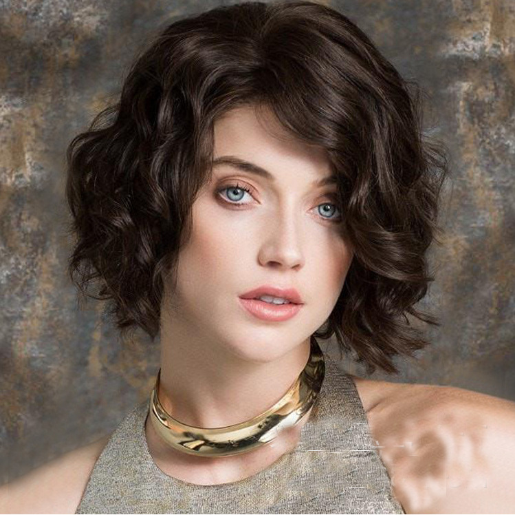 Female Short Hair Wig Dark Brown Curly Hair Fluffy Short Curly
