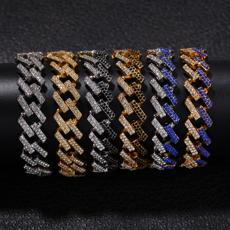 

Mens Hip Hop Gold Bracelets Fashion Iced Out Miami Cuban Link Chain Black Blue Diamond Bracelet Jewelry 8inch