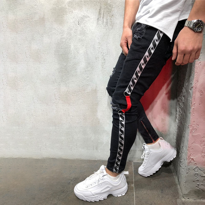 

Jean Knee Hole Side Zipper Slim Distressed Jeans Men Ripped tore up streetwear slim stripe denim pants, Black