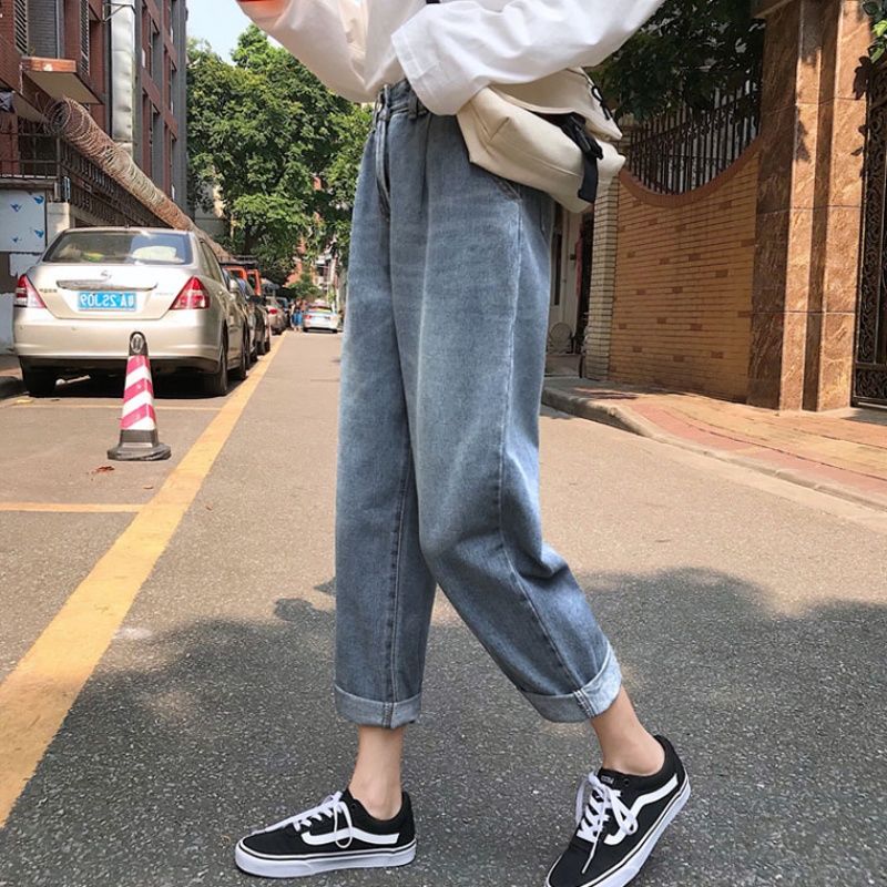 

Spring autumn Loose Vintage Jeans for women Women' Jeans Pants Boyfriend Denim high waist loose denim straight pants, Blue