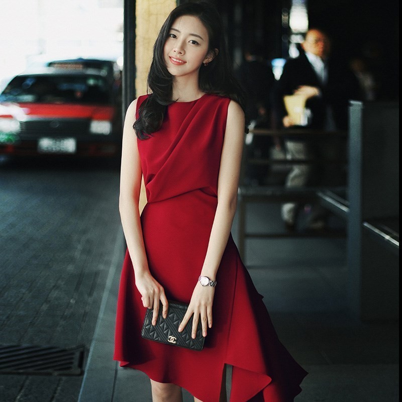 

Red Elegant Asymmetrical Dress Women 2020 Summer Ruffles Swing Dresses Summer Special Occasion Evening Party Vestidos