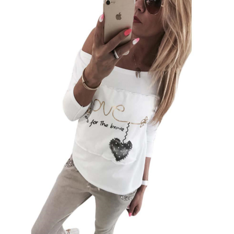 

Fashion Summer Sexy Off Shoulder T Shirt Women Tops Full Sleeve Slash Neck Print Letter Patchwork Causal T-shirt Tops, White