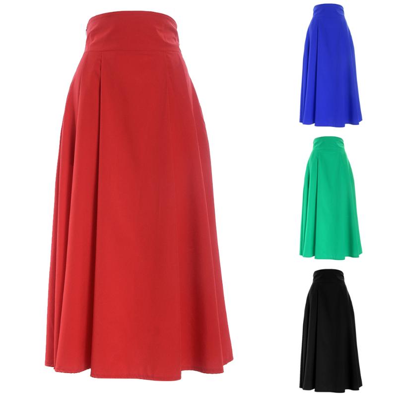

New Ladies Elegant High Waist A Line Wild Street Flared Skirt Fashion Commute Solid Color Long Pleated Skirts with Pocket, Red