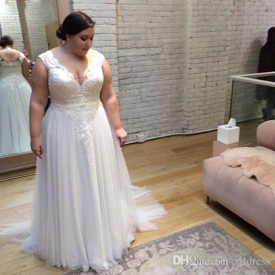

2018 Country Simple Plus Size Wedding Dresses A-line Sexy V-neck Tulle Appliques Lace Cheap Big Western Women Bridal Gowns Custom Made, White