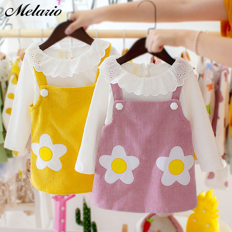 

Melario Baby Girls Clothes Set Newborn Infant Girls Dress Long Sleeve Lace T-shirt Tops Sling Dress Children Suit Outfits, Az2266-yellow