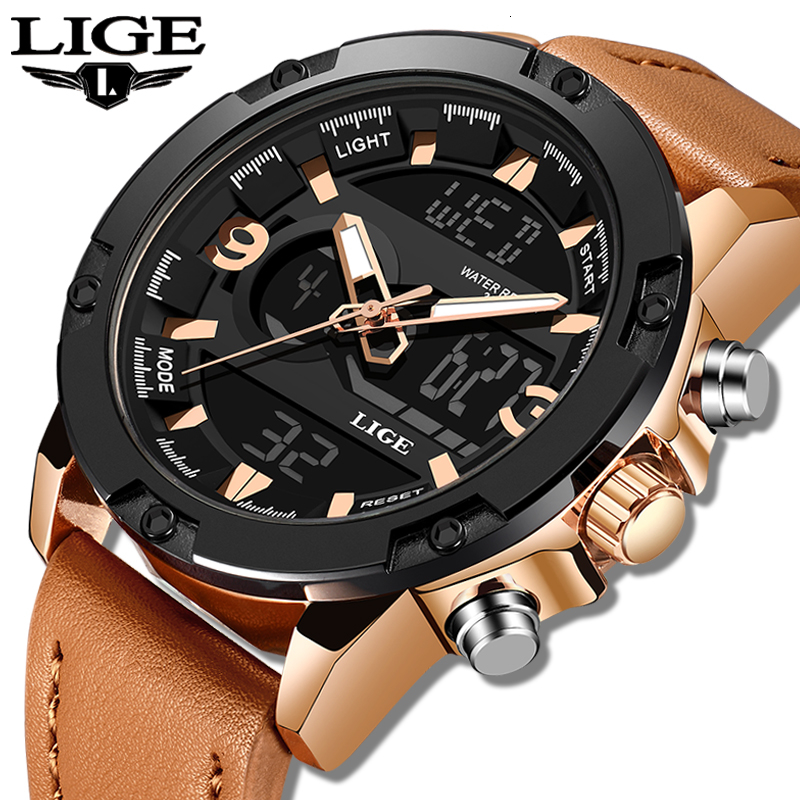 

LIGE New Mens Watches Top Luxury Brand Men Leather Sports Watches Men's LED Digital Quartz Clock Waterproof Military Wrist Watch LY191213, Go blue