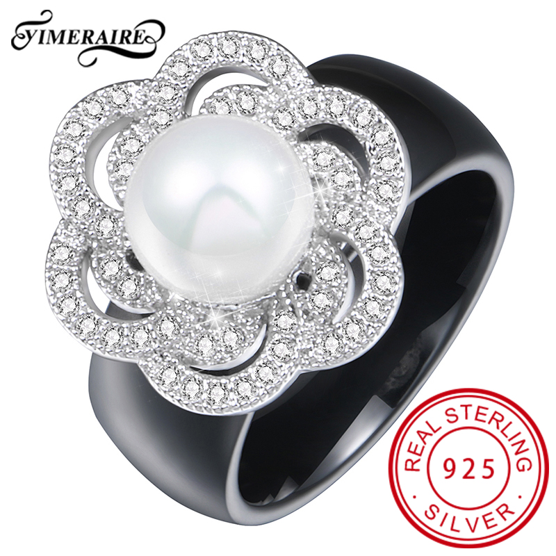 

Women's Rings 8mm Wide Ceramic Finger Ring With Fashion Exquisite Flower S925 Sterling Sliver Round Pearl Design Wedding Bague