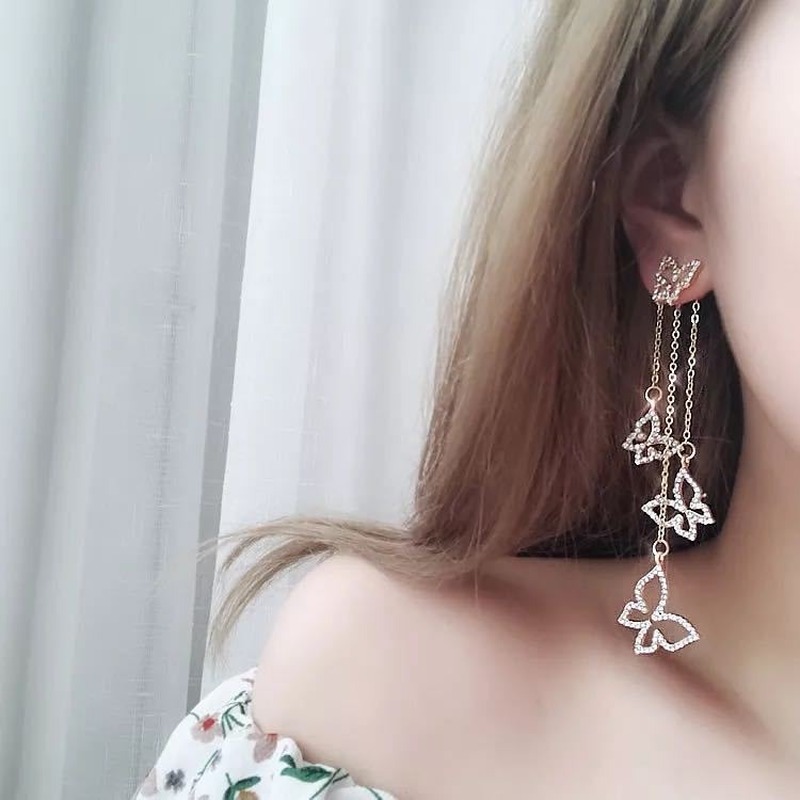 New Multi-butterfly Crystal Earrings for Women 2020 Gold Silver Color Asymmetric Long Tassel Pendant Korean Earings Girl Jewelry