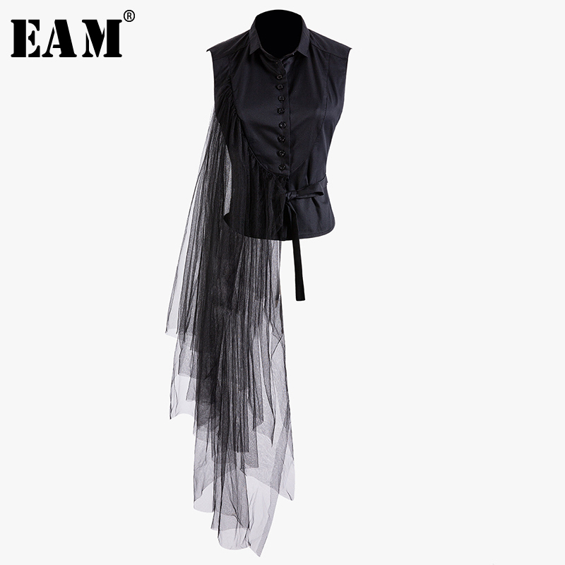 

EAM] 2019 New Spring Summer Lapel Sleeveless Black Irregular Bandage Mesh Stitch Loose Shirt Women Blouse Fashion Tide JT870, Black (customize)