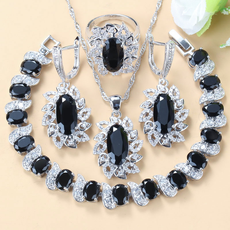 

Unique Black Cubic Zirconia Fashion Dinner Jewelry Sets Silver 925 Top Quality Women Costume Bracelet Necklace And Ring Sets, As pic