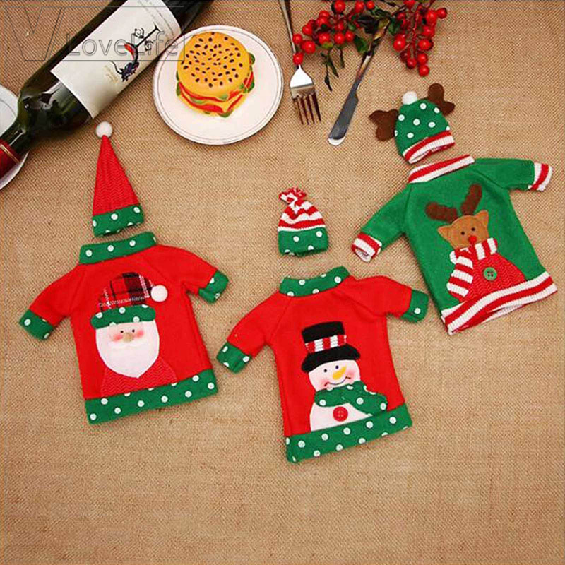 

3set Christmas Wine Bottle Decor Set Santa Claus Snowman Deer Bottle Cover Clothes Kitchen Decor for New Year Xmas Dinner Party