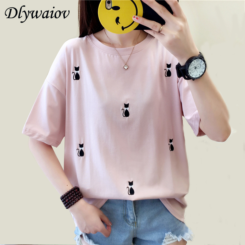 

Women's T-Shirt Summer Short Sleeve Women Loose Embroidery Cat Cotton Casual Fashion Female Korean Tops T Shirt Femme Pink White Black