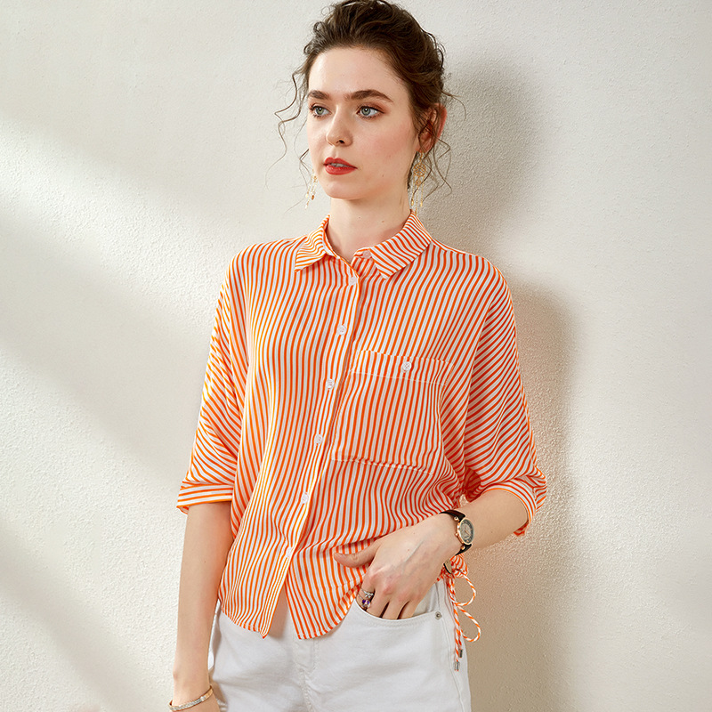 

Designer Orange Stripe Silk Blouses Women Summer Fringe Single Breasted Shirt Office Ladies Tops High Quality Clothes 2020 New