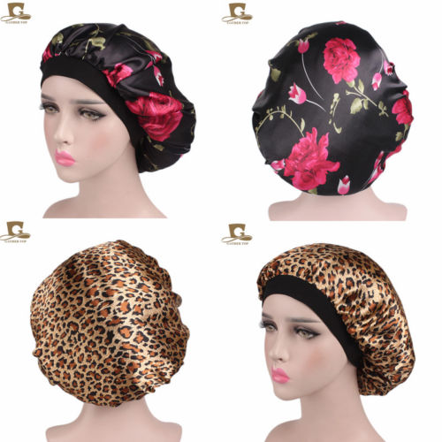 

Women Satin Night Beauty Salon Sleep Cap Cover Hair Bonnet Hat Silk Head Wide Elastic Band For Curly Springy Hair Chemo Cap