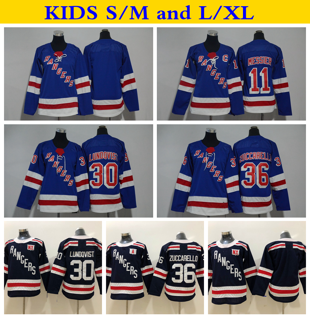 

2018 Winter Classic Youth New York Rangers 30 Henrik Lundqvist 36 Mats Zuccarello 11 Mark Messier Hockey Jerseys Kids Boys Stitched Jersey, Blue 11