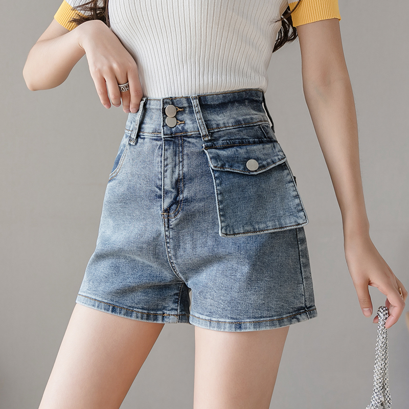 

Fashion High Waist Women Denim Shorts 2020 Summer Button Pockets Female A-line Jeans Short Streetwear chic Ladies Hot Shorts, Black