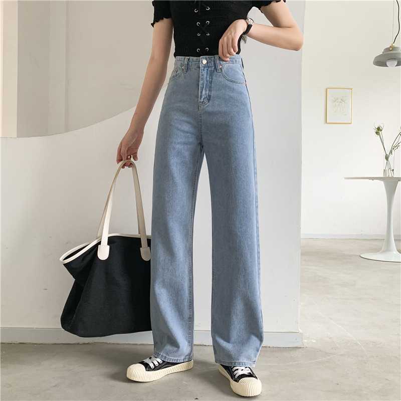 

2020 high waist new fashion women clothes full length denim light blue pocket bit flare girl' jeans U640