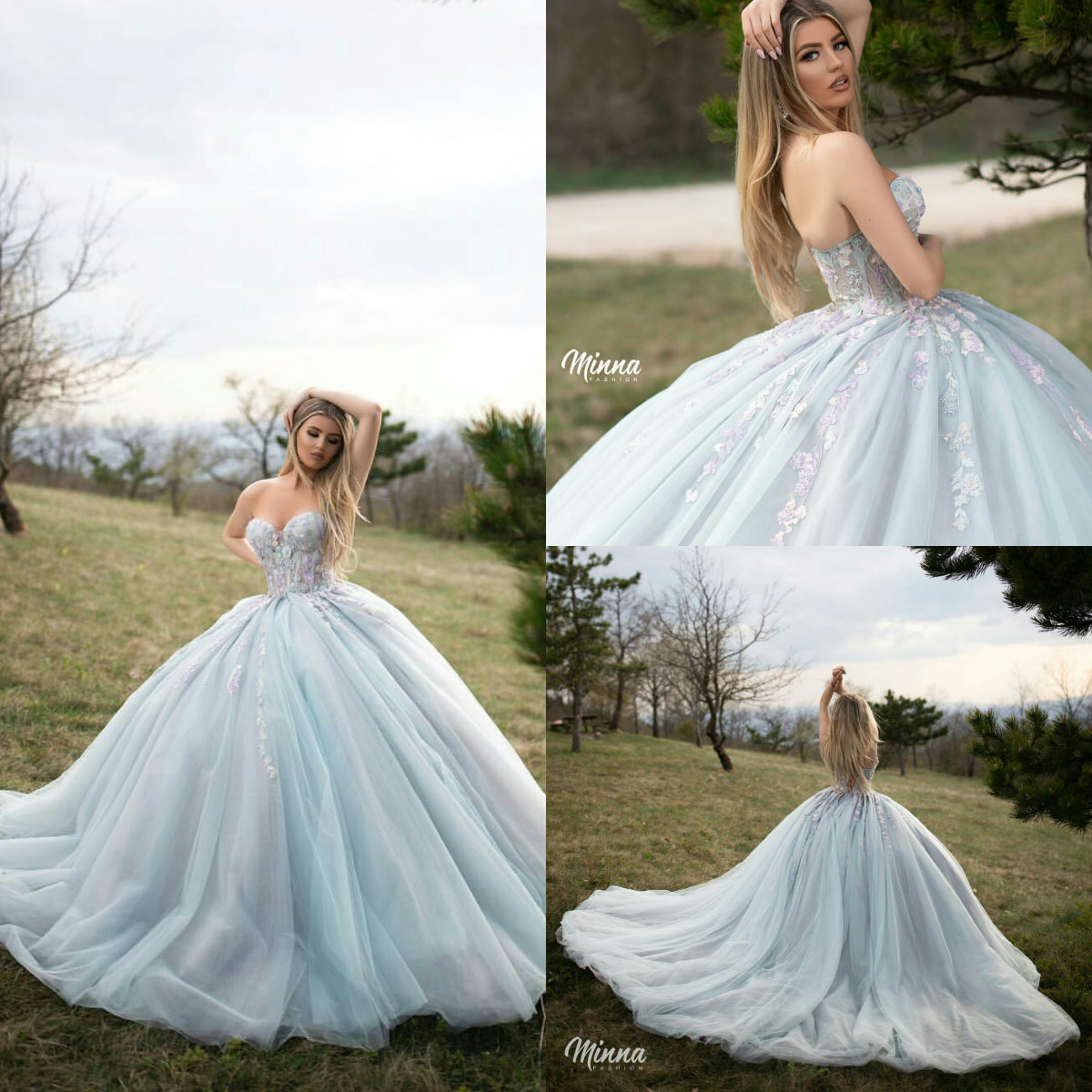 

2019 Ball Gown Prom Dresses Sweetheart Lace Appliqued Sweep Train Gorgeous Evening Gowns Tulle Formal Party Dress Wear Quinceanera Dress, Light sky blue