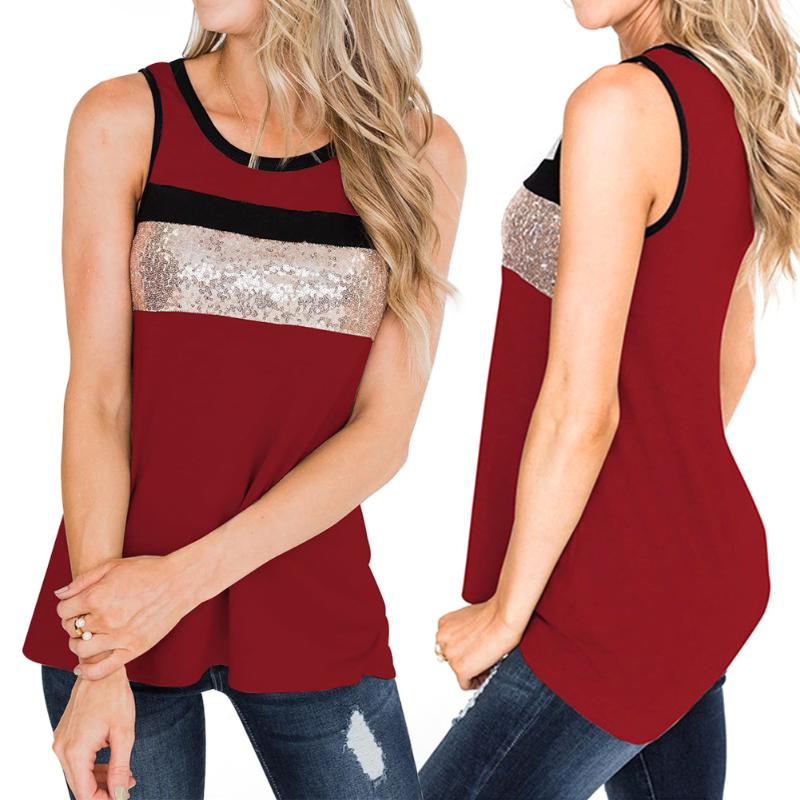 

Daily Camisole Summer Women Tank Top Bottoming Casual Loose Sexy Sequins Splicing Sports Streetwear Crew Neck Beach Sleeveless, Pink