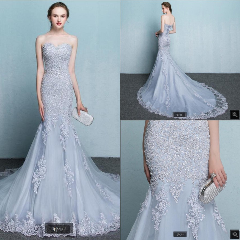 

2019 new designer mermaid silver lace appliques prom dress strapless beaded chapel train formal prom gowns beaded dress best selling, Hunter