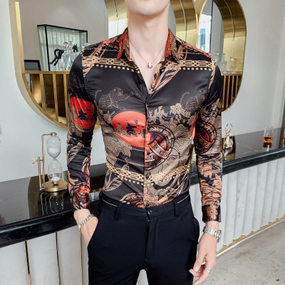 Nightclub British personality men's shirt printing long-sleeved shirt slim trend retro handsome net red Korean version square collar clothes-image-511855201
