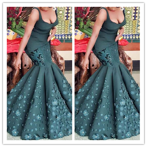 Hunter vert sirène robes de bal Scoop sexy main fleurs en satin et appliques taille robe de soirée Dubai africaine fiesta formelle