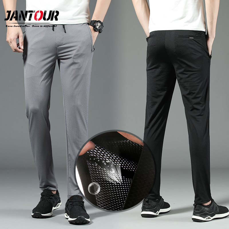 

Jantour Brand High Quality thin Mesh fabric Pants Men Spring summer Fashion sport Slim Fit Casual Male jogging Trousers Mens, Black