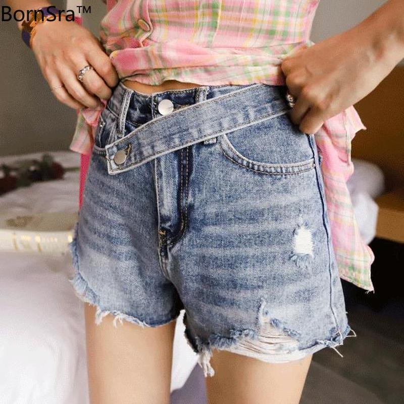 

Bornsra 2020 New Washed Ripped High Waisted Short Woman Jeans Cotton Button Hight Street Blue Woman Denim Shorts Ladies