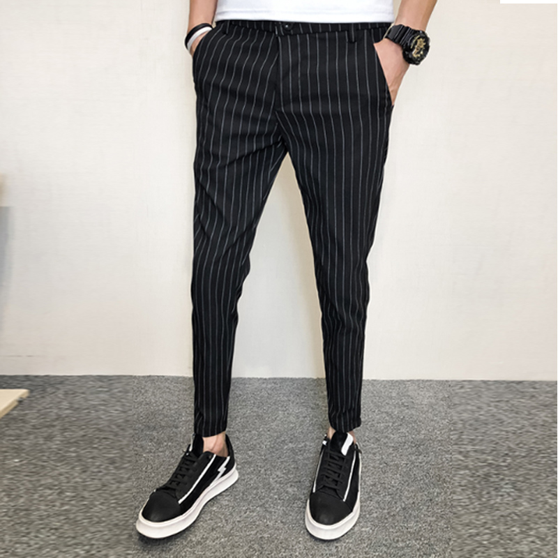 

Korean 2020 Summer Black Pants Men Fashion Ankle Length Men Striped Pants Casual All Match Slim Fit Trousers Black 34- Hot
