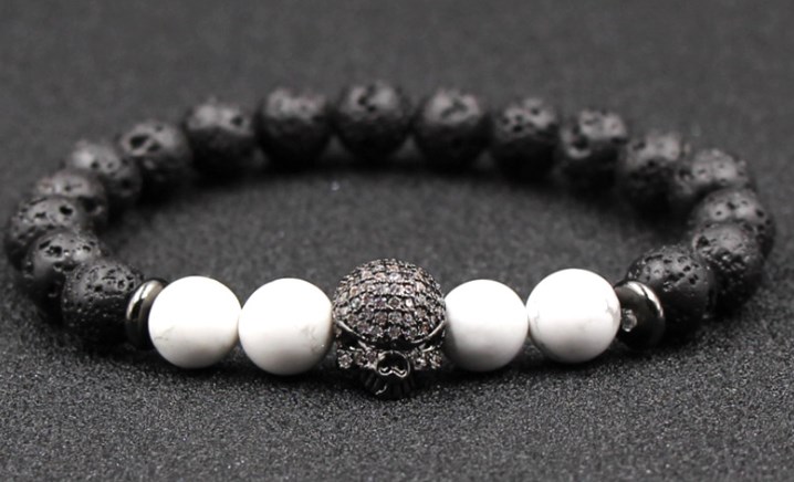 

8mm xg34 skull cz zircon cubic zirconia elastic adjusted black volcanic lava Bracelet Stone bead white Howlite gift