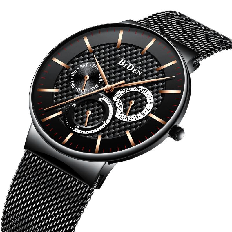 

mens watches business stainless steel quartz man watch BIDEN brand waterproof men's wristwatch, Black
