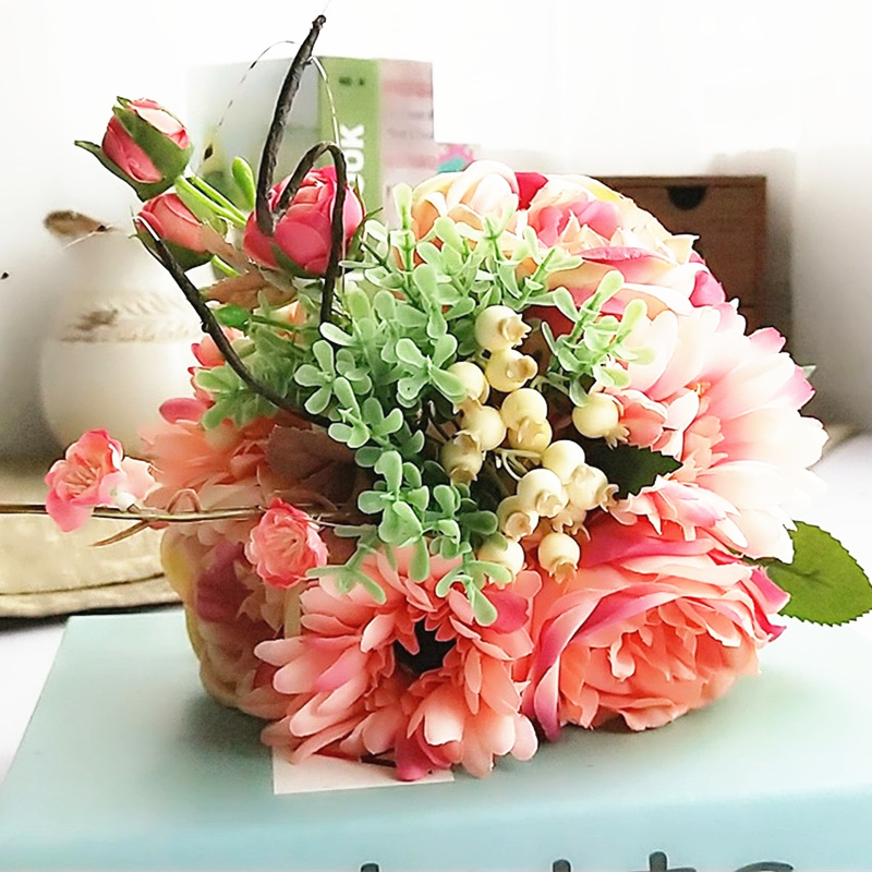 

1pcs Artificial Flower 6 Head Simulation Flowers Rose and Gerbera Party Table Deocr New Year Christmas Party Fake Flower Decors, Champagne