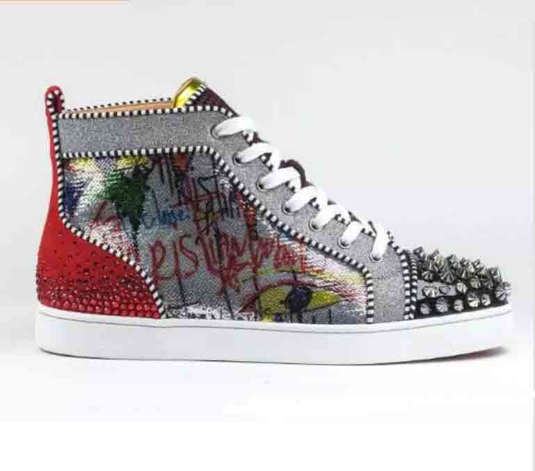 

2019 New Arrived Bottom Red Designer Sneakers Men Shoes Luxury Print Silver Pik Pik No Limit Rantus Version studs Rhinestones graffiti Red S, Color 2