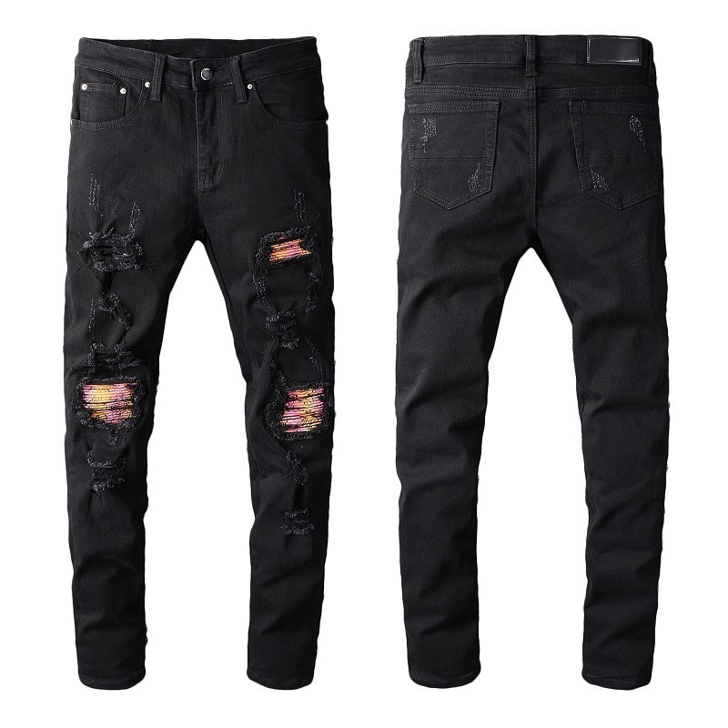 

Men's pink bandanna patchwork biker jeans Black stretch denim holes ripped skinny pants