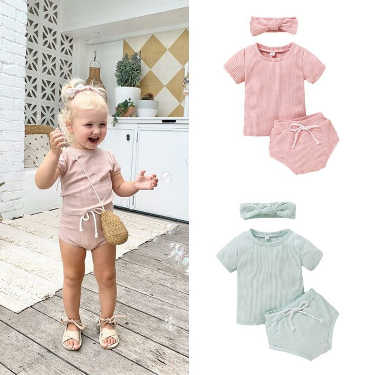 

Baby Girl Outfit Cotton Solid Clothing Baby Girl Summer Clothes Top Headband Shorts For Girls O-Neck Sports Suit 2Pc Newborn Set, White 2pc