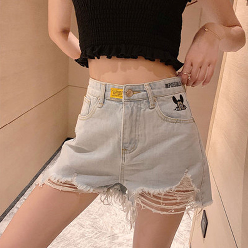 

Short Jeans Woman 2020 Summer Korean Streetwear Cartoon Embroidery Ripped Tassel High Waisted Wide Leg Jeans Denim Shorts B344, Light blue