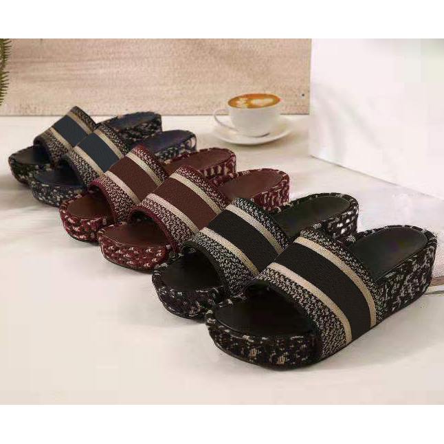 

Summer Wedge High Heel Platform Slippers Brand thick bottom Letters embroider Sandals Web celebrity stars casual slippers Luxury beach Shoes, Dark navy