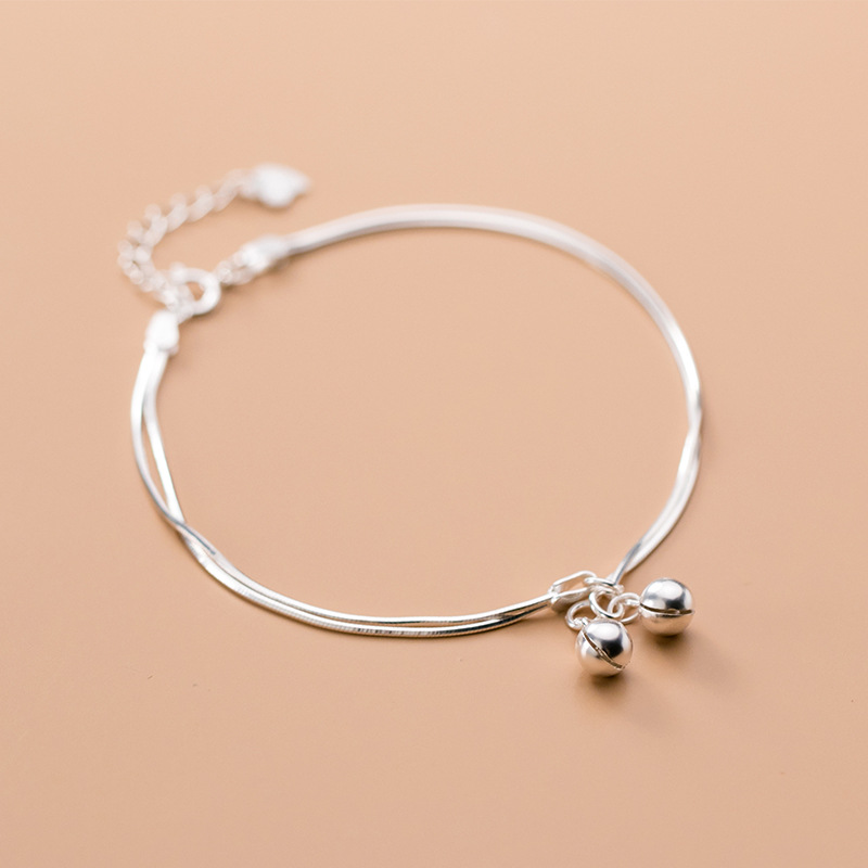 

925 Sterling Silver Korean Simple Style Cute Bell Double Chain Bracelet for Women Lady Daughter Jewelry