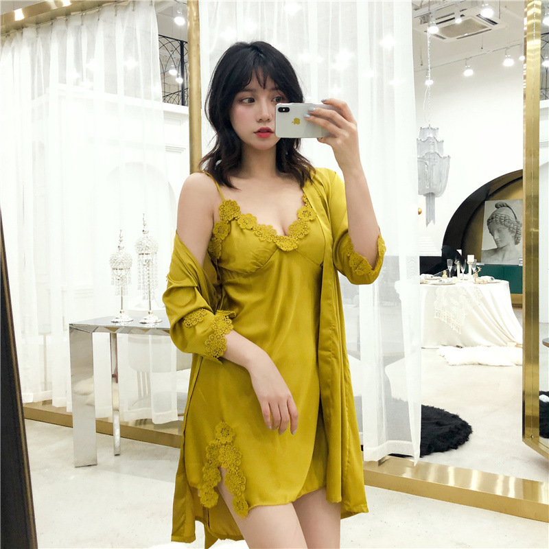 

2020 Women Silk Robe & Gown Set Sleep Dress+Bathrobe 2 pcs Summer Sexy Robe Bridesmaid Wedding Sleepwear Lace Lingerie