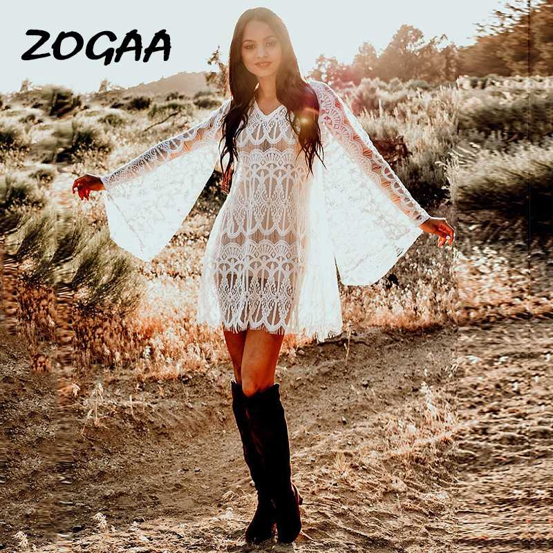 

ZOGAA 2020 Summer Beach Vacation Skirt V-neck Sexy Bikini Blouse Lace Hollow Loose Flared Sleeve Swimsuit with Sunscreen