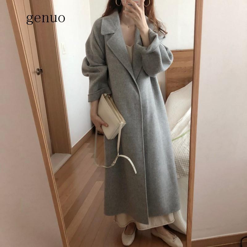 

Spring Autumn Winter New Women' Casual Wool Blend Trench Coat Oversize Long Coat With Belt Women Wool Cashmere Outerwear, Gray