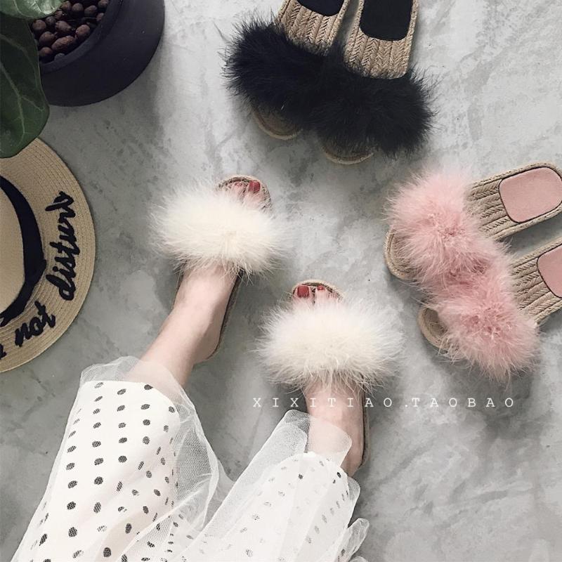 

summer feather slippers women Home Slippers Cute Soft Comfortable lady rubber sole sandal House beach flip flops, Pink
