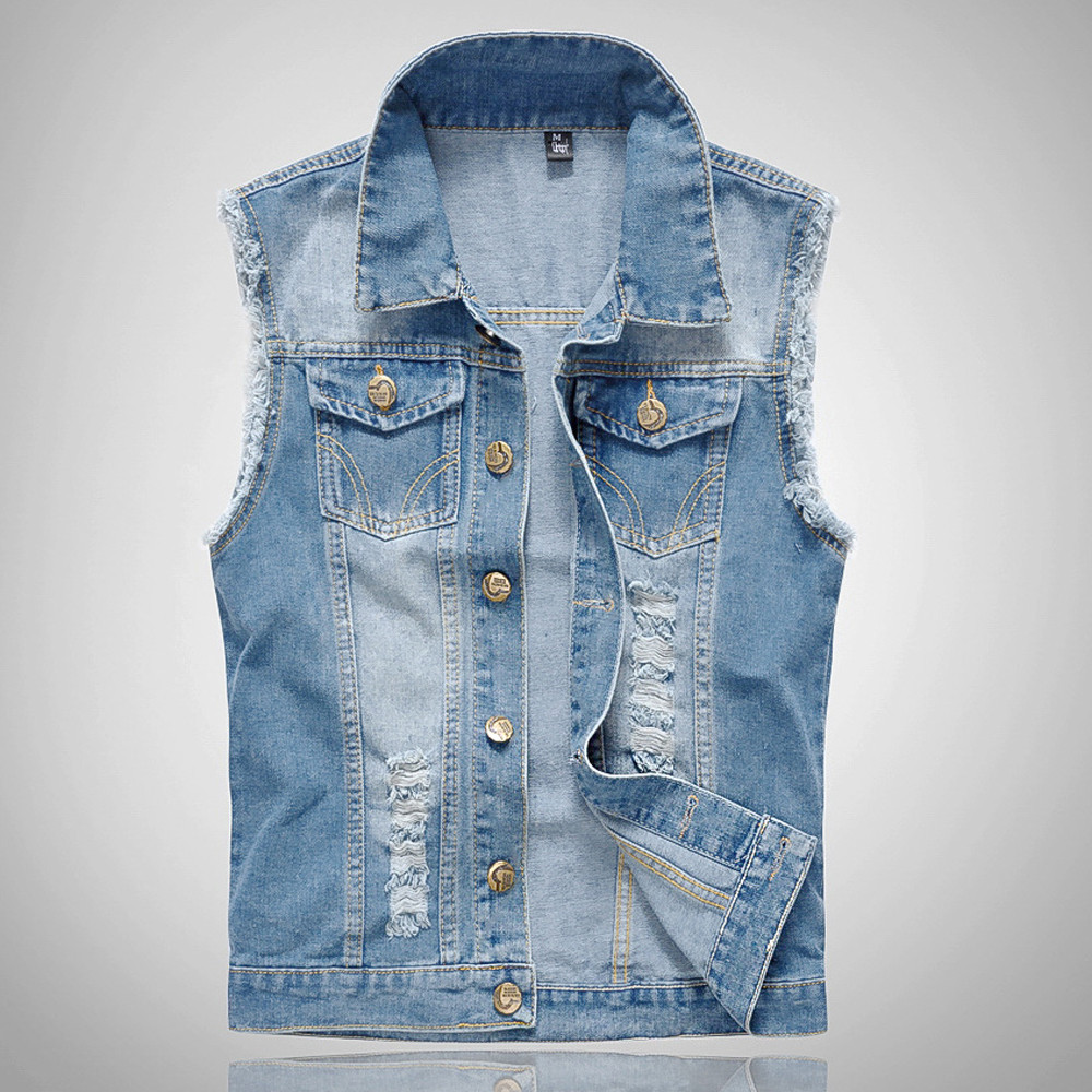 Hommes nouvelle mode Denim gilet veste de Cowboy décontractée avec trous dans l'épaule Blouse veste homme t-shirt