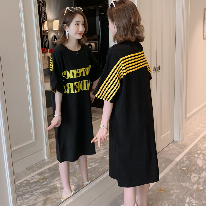 

Women Straight Dress Striped Baseball Letters Print Spring Autumn Cotton Graohic Tee Dress Japan Style T Shirt SP597, Black