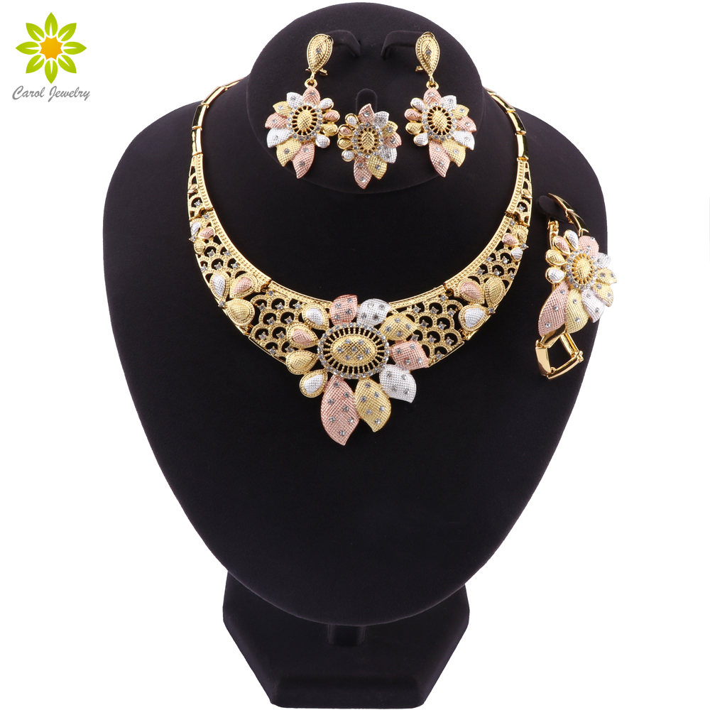 

Dubai Gold Color Jewelry Set Nigerian Wedding Woman Accessories Jewelry Set African Beads Flower Design Necklace Earrings Set