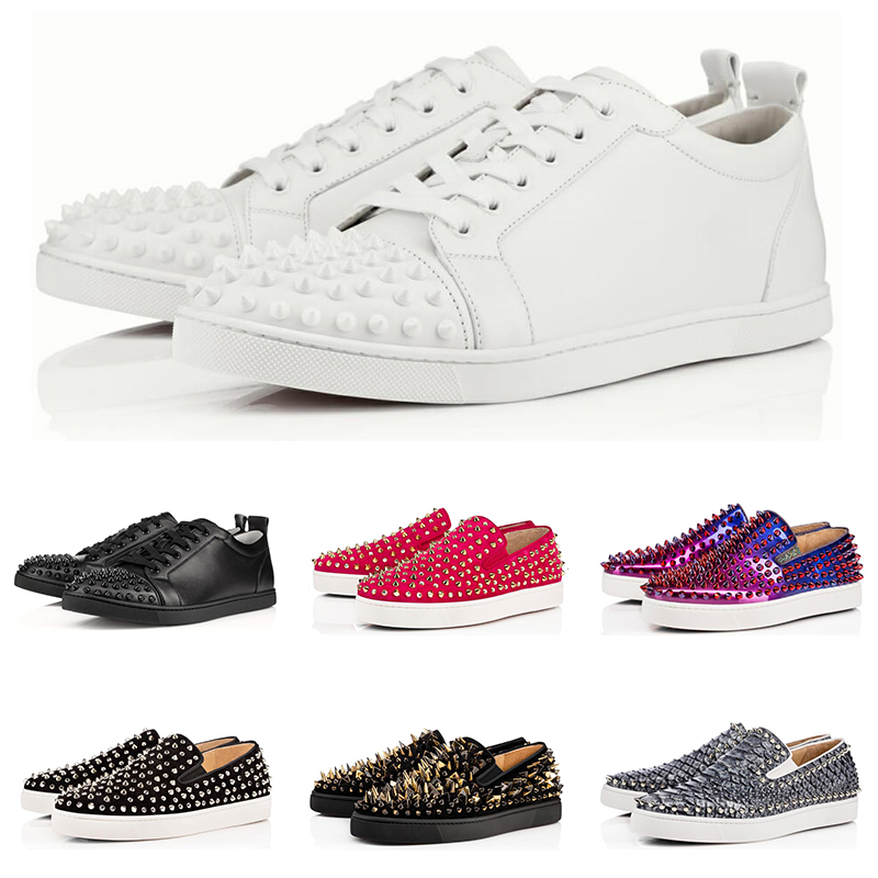 

New Arrival Designer fashion luxury Red Bottom Studded Spikes Flats shoes For Men Women black white Party Lovers casual Sneakers, 17