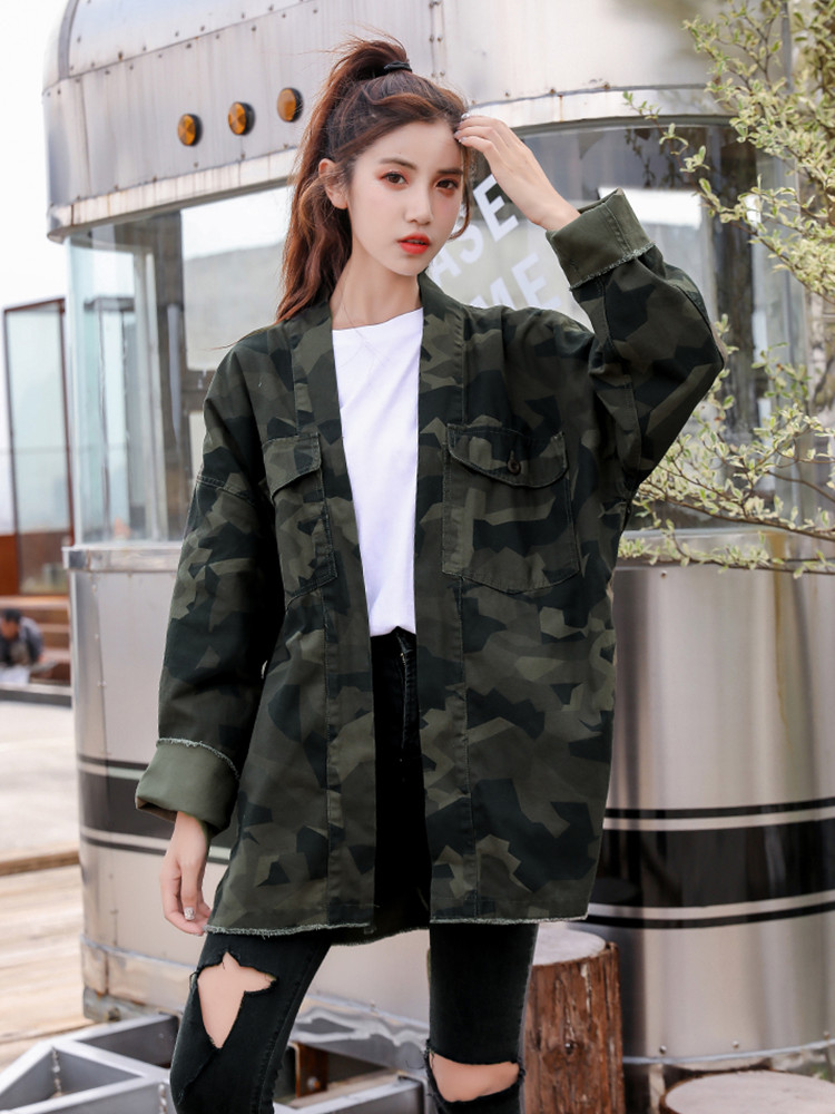 

JUJULAND Ladies autumn and winter camouflage coat Casual overalls jackets safari style coat 601, Army green