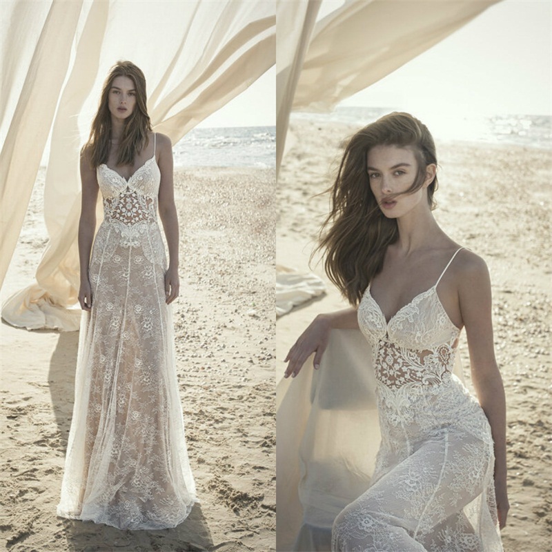 Floral Boho A-ligne Robes De Mariée Pleine Appliqued Dentelle Spaghetti Sangle Sans Manches Robes De Mariée Sexy Sur Mesure Balayage Train Robes
